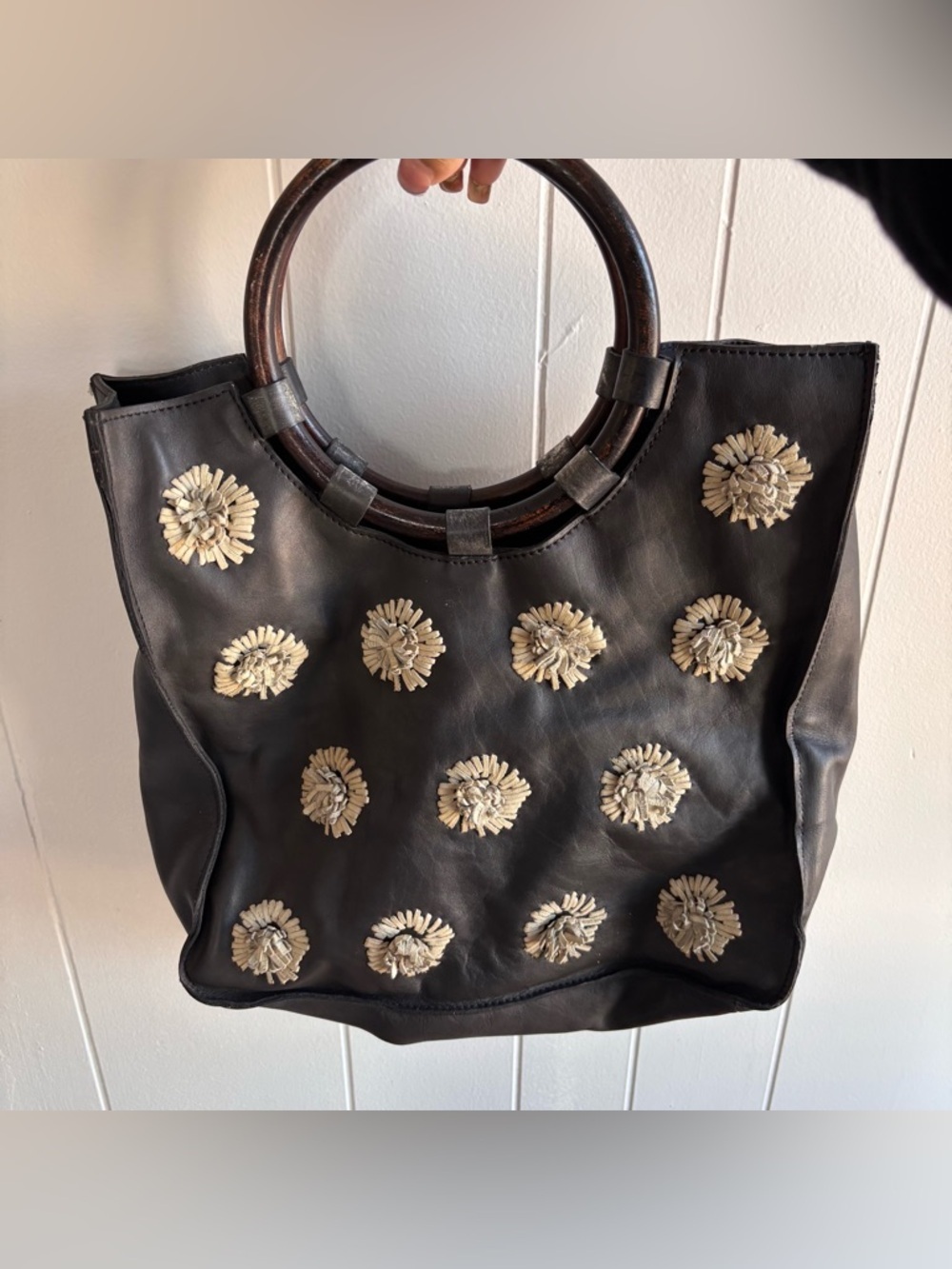Anthropologie Black Floral Appliqué Tote with Wood Handles